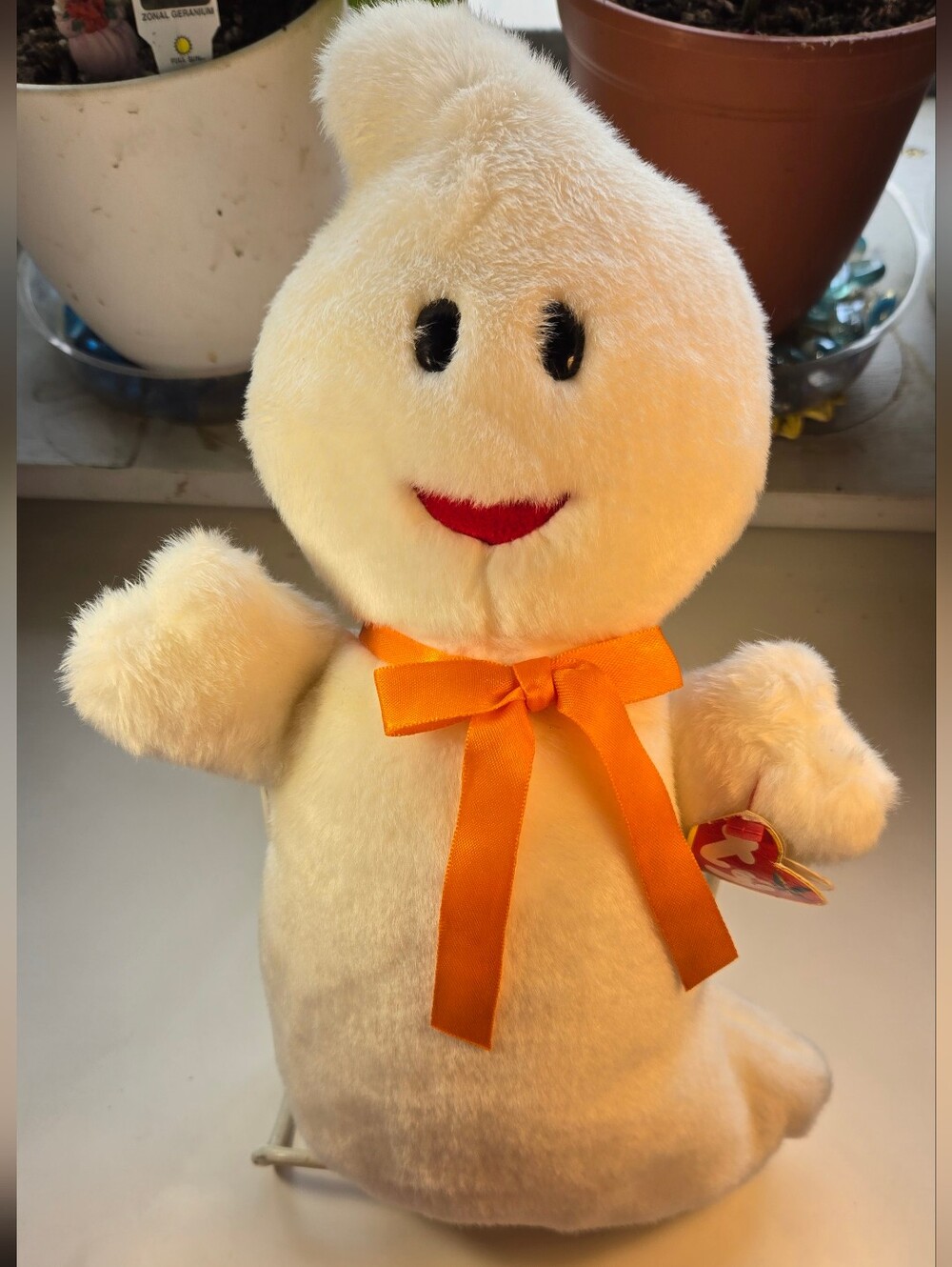 Ty Beanie Babies Spooky the Ghost Plush in Orange Bow
